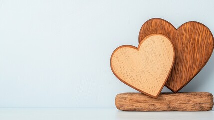 Wall Mural - Two Wooden Hearts on Rustic Base Against Textured Blue Background