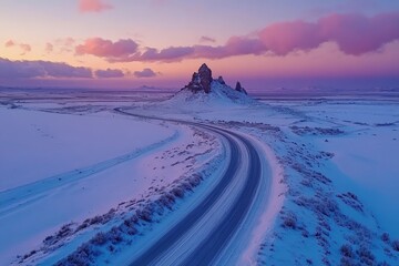 Aufkleber - Snowy landscape under a colorful sky with a winding road leading to a rocky formation during twilight