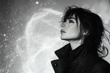 A woman with windswept hair, gazing pensively into a snowy, ethereal landscape.