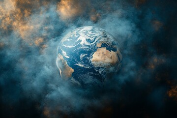 Poster - Earth surrounded by swirling clouds illuminated by warm light in a cosmic atmosphere
