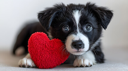 Wall Mural - A black and white puppy is laying on the ground with a red heart next to it. The puppy appears to be looking at the camera with a curious expression