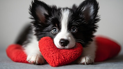 Wall Mural - A black and white puppy is laying on the ground with a red heart next to it. The puppy appears to be looking at the camera with a curious expression