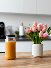 Wall Mural - Fresh tulips and juice brighten a kitchen table