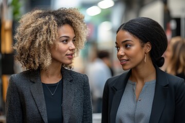 Engaging conversation between two women in business attire at a modern workspace