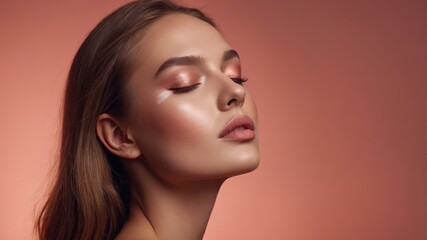 Wall Mural - Close-up portrait of a woman with bronze makeup and highlighted cheekbones, eyes closed in serene expression against a muted coral background.