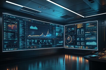 Poster - High-tech control room features multiple digital screens displaying data analytics and graphs in a modern setting