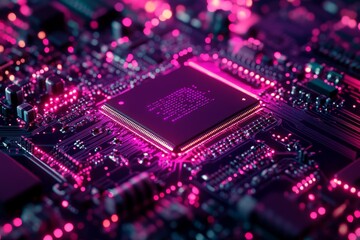 Fototapete - Circuit board illuminated with vibrant pink lights showcasing advanced technology and electronic components
