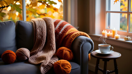 Wall Mural - A cozy knitted blanket draped over a plush sofa, surrounded by soft yarn balls in warm autumn tones