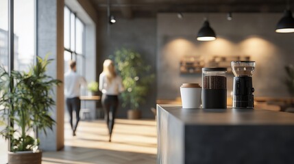 Wall Mural - Coffee shop couple, city view, sunlit interior, morning