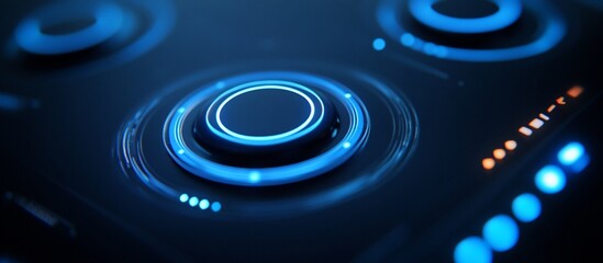 Futuristic interface button glowing blue, digital panel background