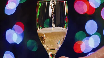 Poster - A tilted glass awaiting a flow of golden fizz, with the out-of-focus orbs of colorful lights adding a joyous, party-like ambiance.