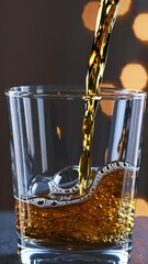 Poster - A smooth, golden stream cascading into a transparent glass, tiny bubbles rising in the foreground while soft, glowing lights blur in the background.