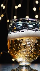 Poster - A refined scene of a golden beverage trickling gracefully, each bubble reflecting the flickering glow of a blurred festive background.