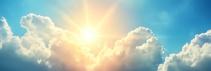 Wall Mural - Heavenly Glow Sunbeams Through Soft, Fluffy Clouds in a Bright Blue Sky with Copy Space