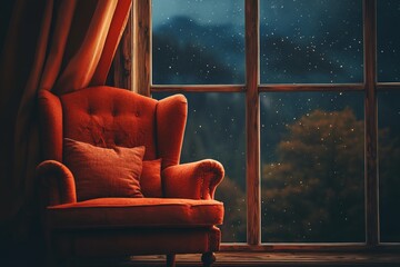Aufkleber - Cozy evening by the window with a peaceful chair overlooking a starry night sky in a warm setting