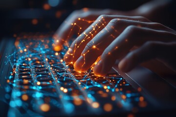 Aufkleber - Hands typing on a keyboard with glowing digital lines and particles in a dark setting during nighttime hours