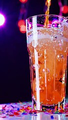 Poster - A dynamic, party-ready scene of orange soda fizzing up and overflowing slightly, with vivid confetti raining down in the blurred, festive backdrop.