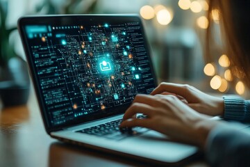 Aufkleber - Exploring digital networks while typing on a modern laptop in a cozy setting