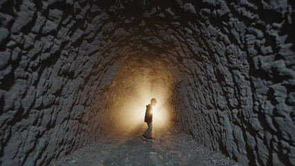 Poster - A dramatic low-angle shot where the boy’s figure is framed by rough tunnel walls, the distant light behind him casting a soft, golden halo.
