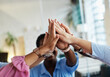 © Lumos sp - businessman businesswoman success young business team high five support unity celebrating give me five  office startup partnership diversity