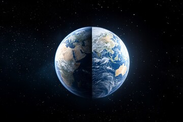 Poster - Earth viewed from space showing continents and oceans illuminated by sunlight against a starry background