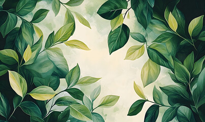 Wall Mural - Green leaves watercolor background invitation template, Generative AI