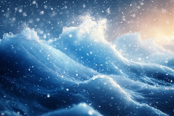 Poster - Waves crashing against each other under a glowing sunset in a turbulent ocean displaying bright blue hues and swirling foam