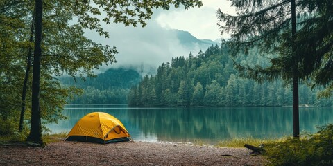 a serene camping scene by a tranquil lake surrounded by lush green forests.