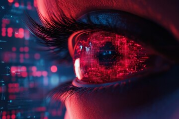 Aufkleber - Futuristic close-up of a human eye with digital technology elements and red glow