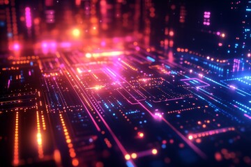 Poster - Abstract digital landscape featuring vibrant circuits and glowing lights in a futuristic setting