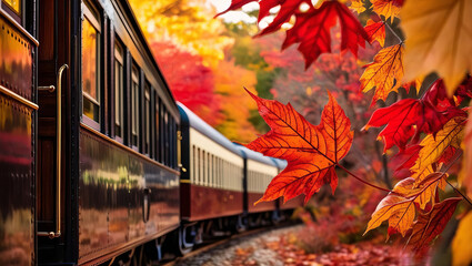 scenic train traveling through vibrant autumn foliage with colorful leaves. warm hues create picturesque fall landscape