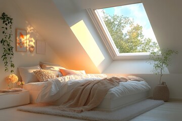 Poster - Cozy attic bedroom with warm sunlight streaming through skylights and greenery in the background