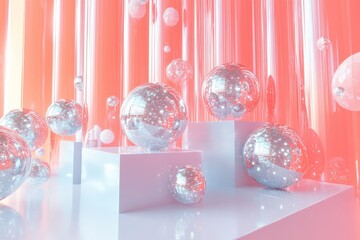 Fototapete - Floating glass spheres in a vibrant red and white abstract installation with glowing reflections
