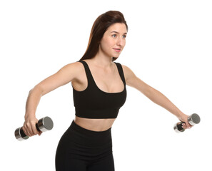 Woman in sportswear exercising with dumbbells on white background