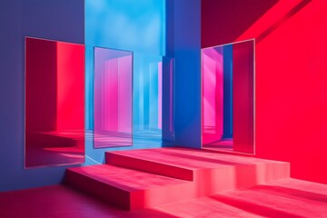 Fototapete - Vibrant abstract space with colorful mirrors and striking shadows creating a modern visual experience