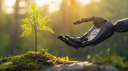 Closeup of a robot planting a digital tree in an Earth Day tech setting with a virtual forest background