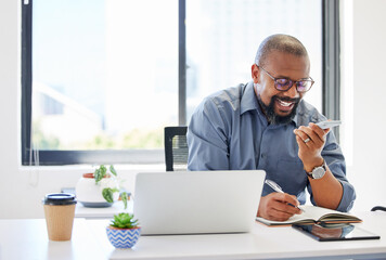 Aufkleber - Phone call, speaker and business black man with notes for planning, meeting schedule and reminder. Professional, corporate and person on smartphone for connection, communication and online contact