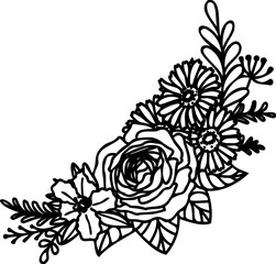 Hand drawing floral line art illustration featuring detailed rose,foliage,leaves, and botanical elements. For coloring pages, corner decoration,tattoo designs, laser cutting, and decorative clipart.