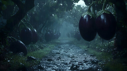 Wall Mural - Rainy eggplant orchard path; misty background. Food use