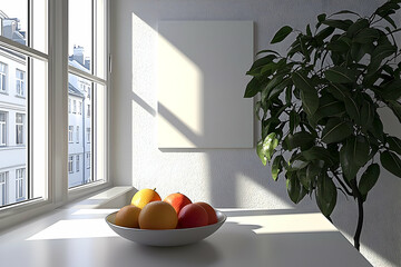 Poster - Sunny apartment, fruit bowl, plant, city view