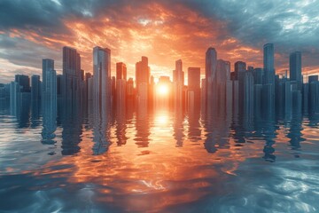 Poster - Sunset reflections over a city skyline with high-rise buildings and tranquil water