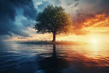 Poster - Sunset reflects on serene water with a single tree standing on an island under dramatic sky contrasts