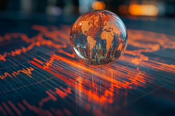 Poster - Global financial trends represented by a globe on a vibrant data graph in a modern workspace filled with soft lighting