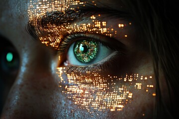 Leinwandbilder - digital art showcasing a woman's eye illuminated with vibrant particles, emphasizing the intersectio
