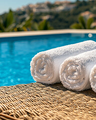 Poster - A cinematic close-up focusing on neatly rolled towels placed on wicker loungers, while a tranquil blue pool stretches out in the distance,