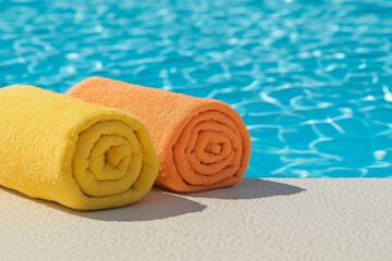 Poster - A vibrant daytime photograph capturing two pristine rolled towels on stylish lounge chairs, with the sparkling resort pool glistening in the background,