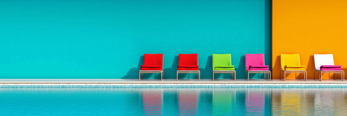 Poster - A minimalist shot of bright towels carefully arranged on modern pool chairs, emphasizing the resortâ€™s refined ambiance against a turquoise swimming area,