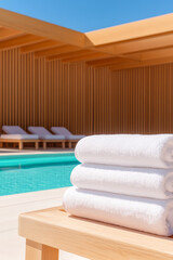 Poster - A cinematic low-angle capture where bright white towels contrast sharply with the wooden lounge frames and the pastel-hued pool deck,