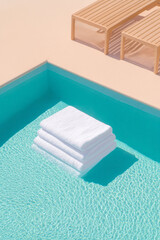 Poster - A cinematic low-angle capture where bright white towels contrast sharply with the wooden lounge frames and the pastel-hued pool deck,