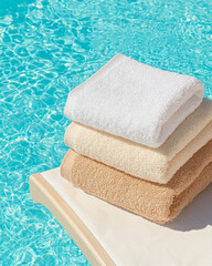 Poster - A cozy photograph of plush towels stacked on a lounger, rays of sun highlighting their softness while the aqua pool glimmers in the background,